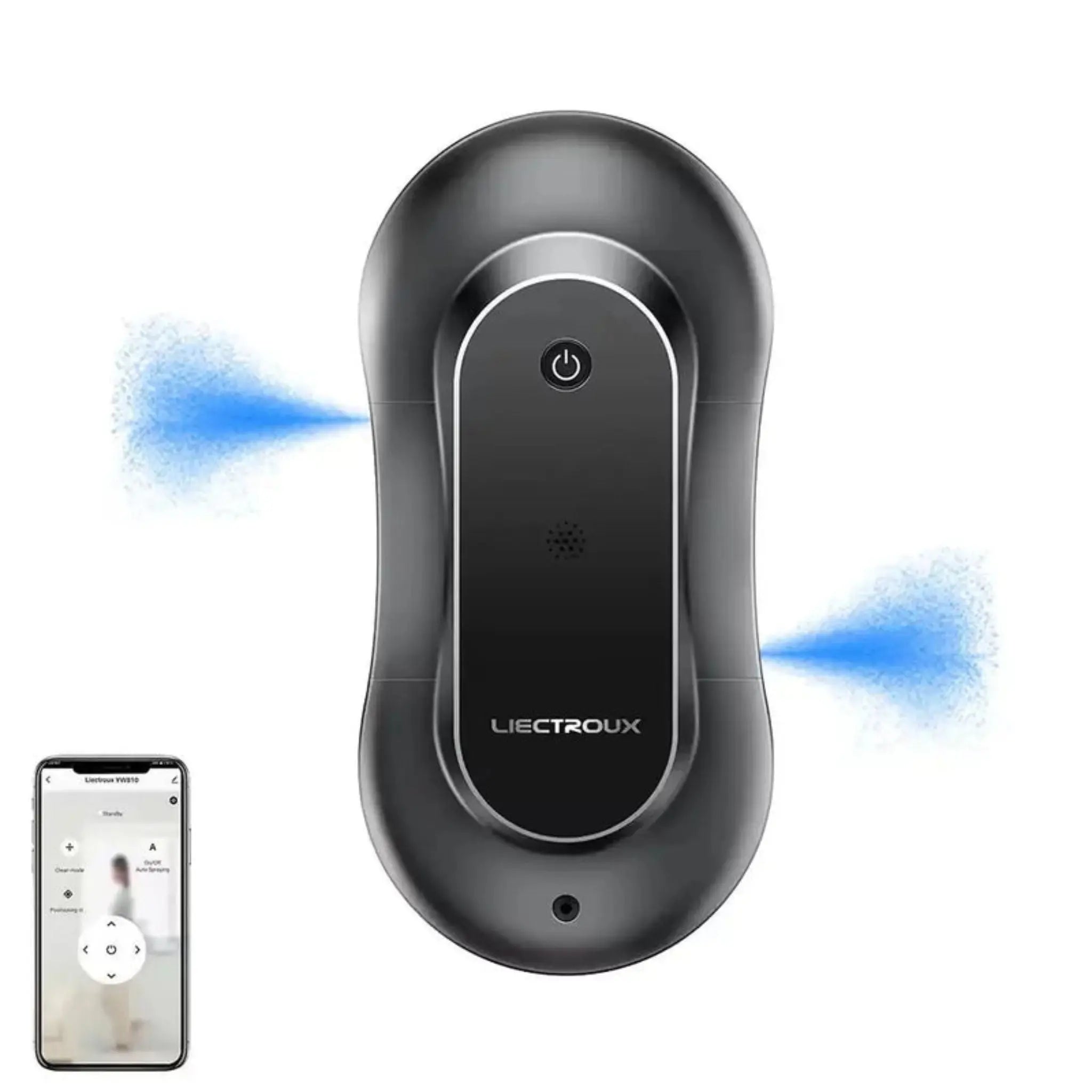 Fönsterputsrobot YW810 med visuell illustration av sprayfunktion och appstyrning för automatisk fönsterputsning.