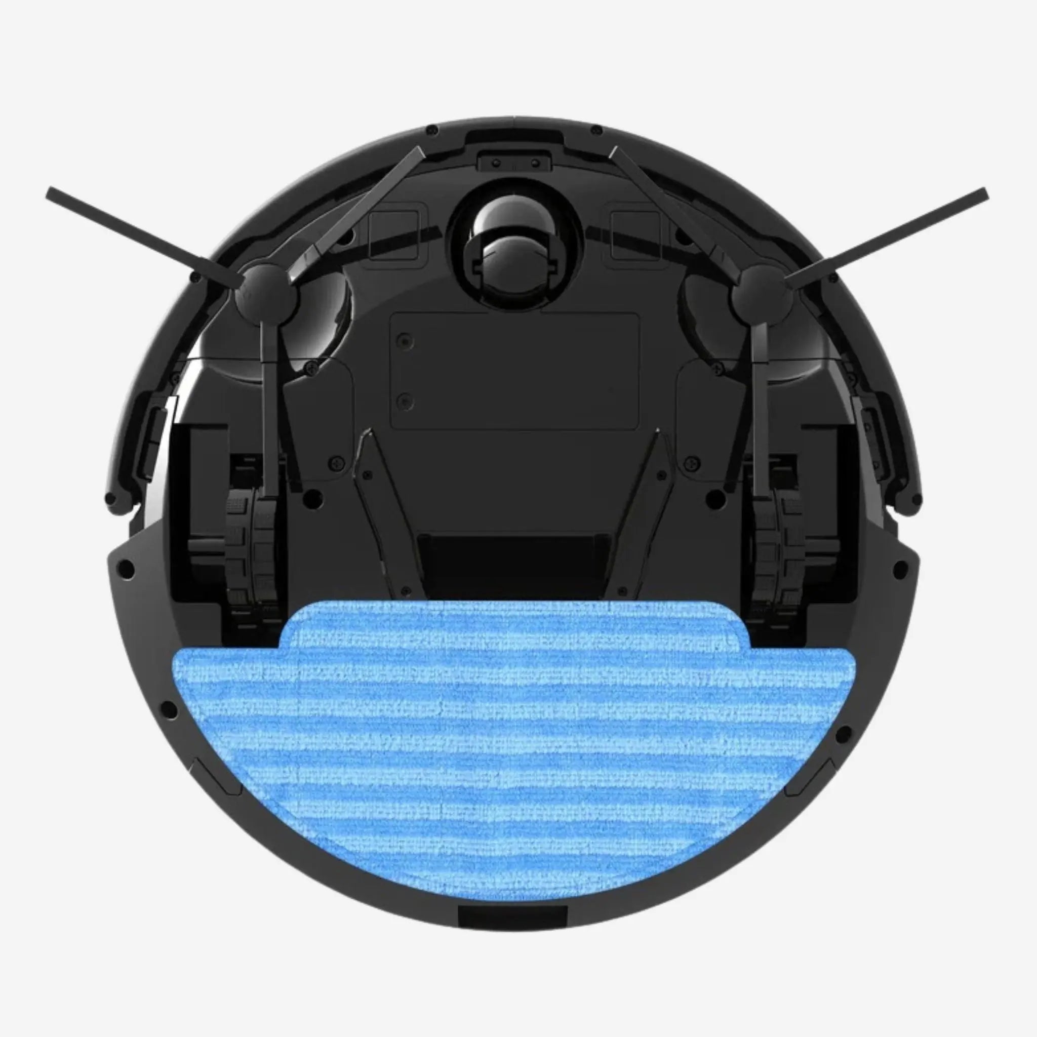 Robotdammsugare L200 undersida med sidoborstar och monterad moppduk för kombinerad dammsugning och våttorkning.