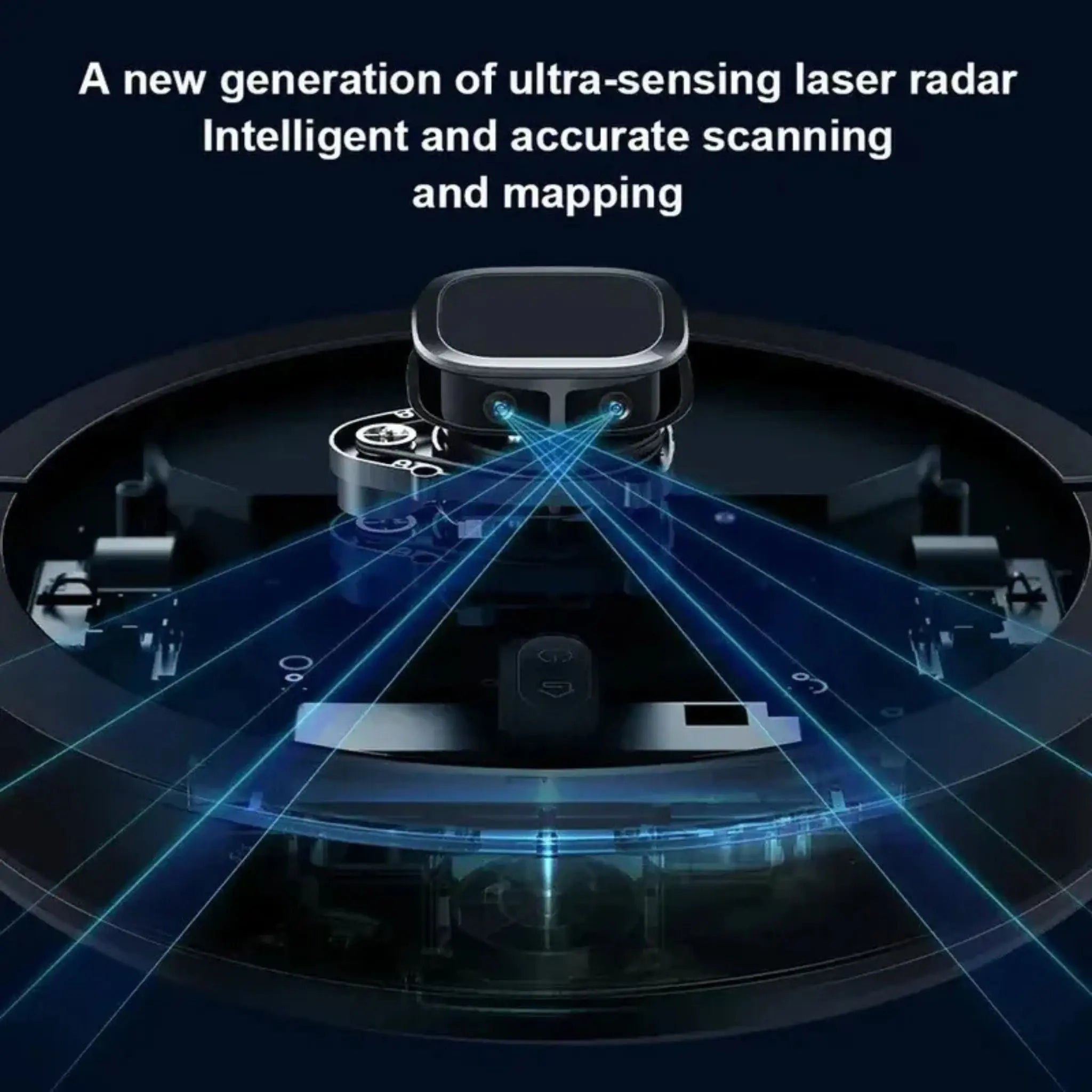 Teknisk visualisering av robotdammsugare XR500 med LiDAR-laser för intelligent och exakt kartläggning av hemmet.