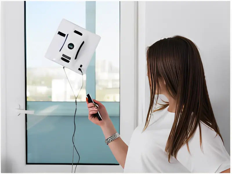 En tjej startar sin fönsterputsrobot med hjälp av en fjärrkontroll