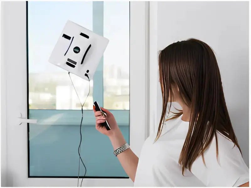 En tjej startar sin fönsterputsrobot med hjälp av en fjärrkontroll