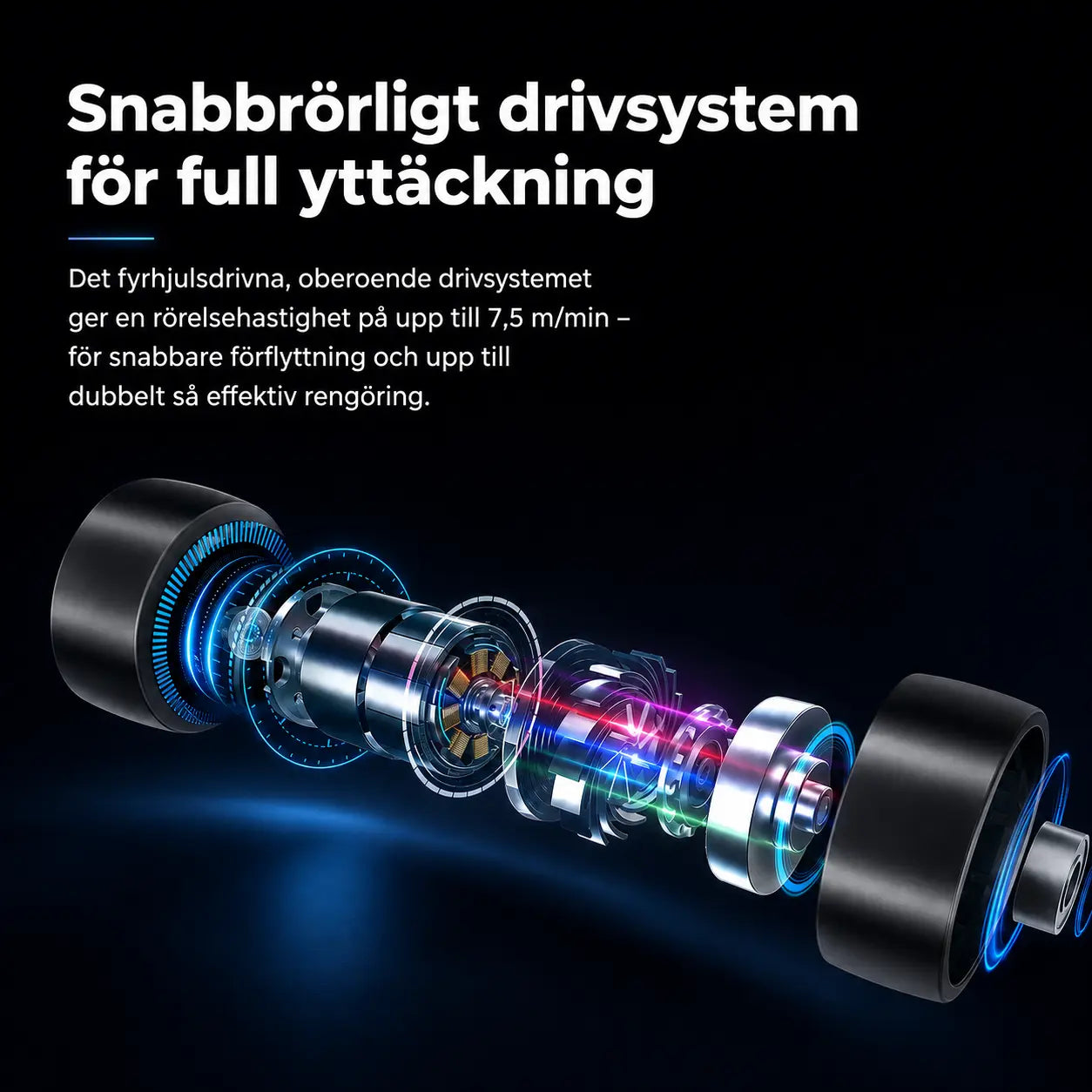 Illustration av Liectroux G8:s fyrhjulsdrivna drivsystem med rörelsehastighet upp till 7,5 meter per minut för snabb och effektiv fönsterputsning.