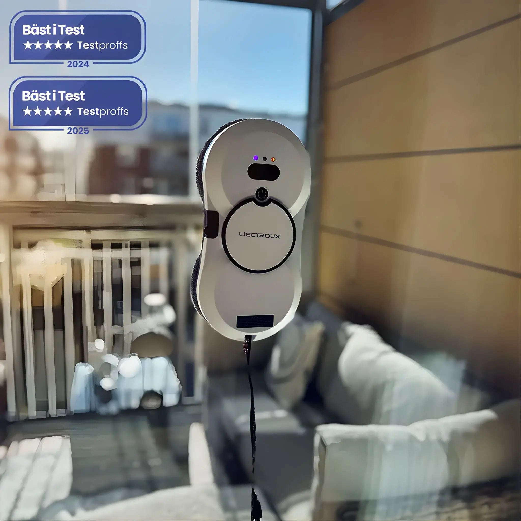 Fönsterputsrobot HCR-10 monterad på fönster under rengöring. Självgående lösning för skinande rena glasytor.