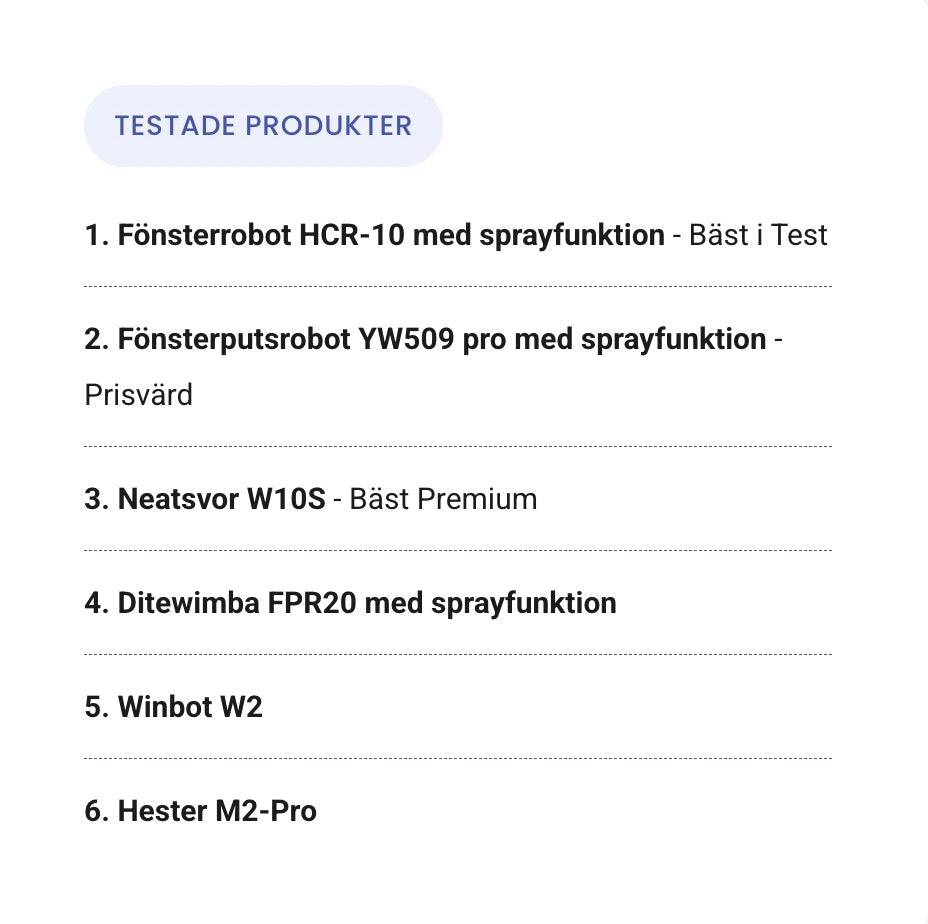 Testproffs topplista över testade fönsterrobotar där HCR-10 utses till bäst i test