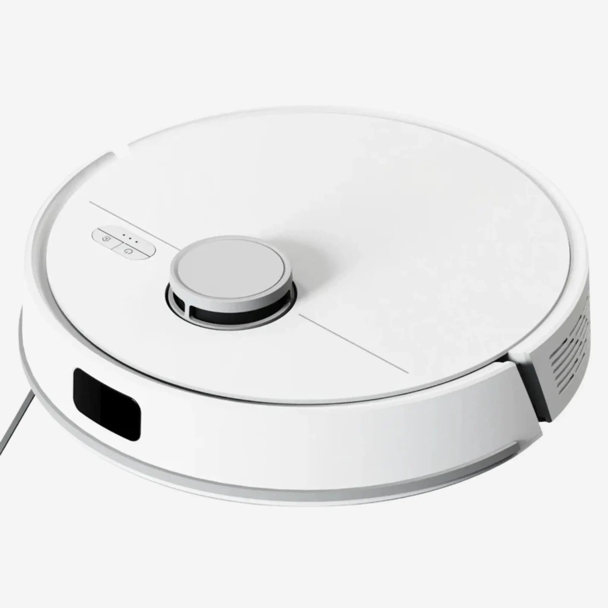 Närbild på robotdammsugare M70 i vitt – låg profil, modern form och precisionssensorer.