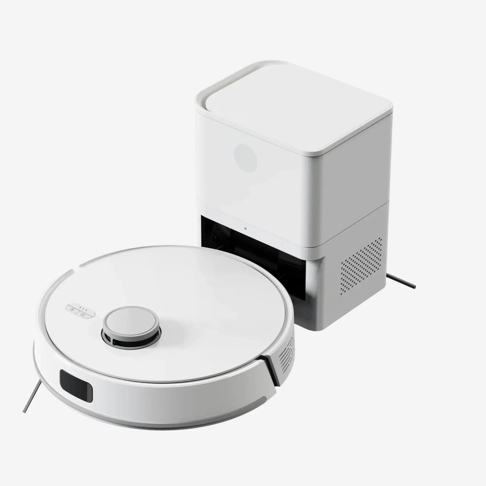 Robotdammsugare M70 med självtömmande station i vitt utförande – stilren design och automatiserad städning.