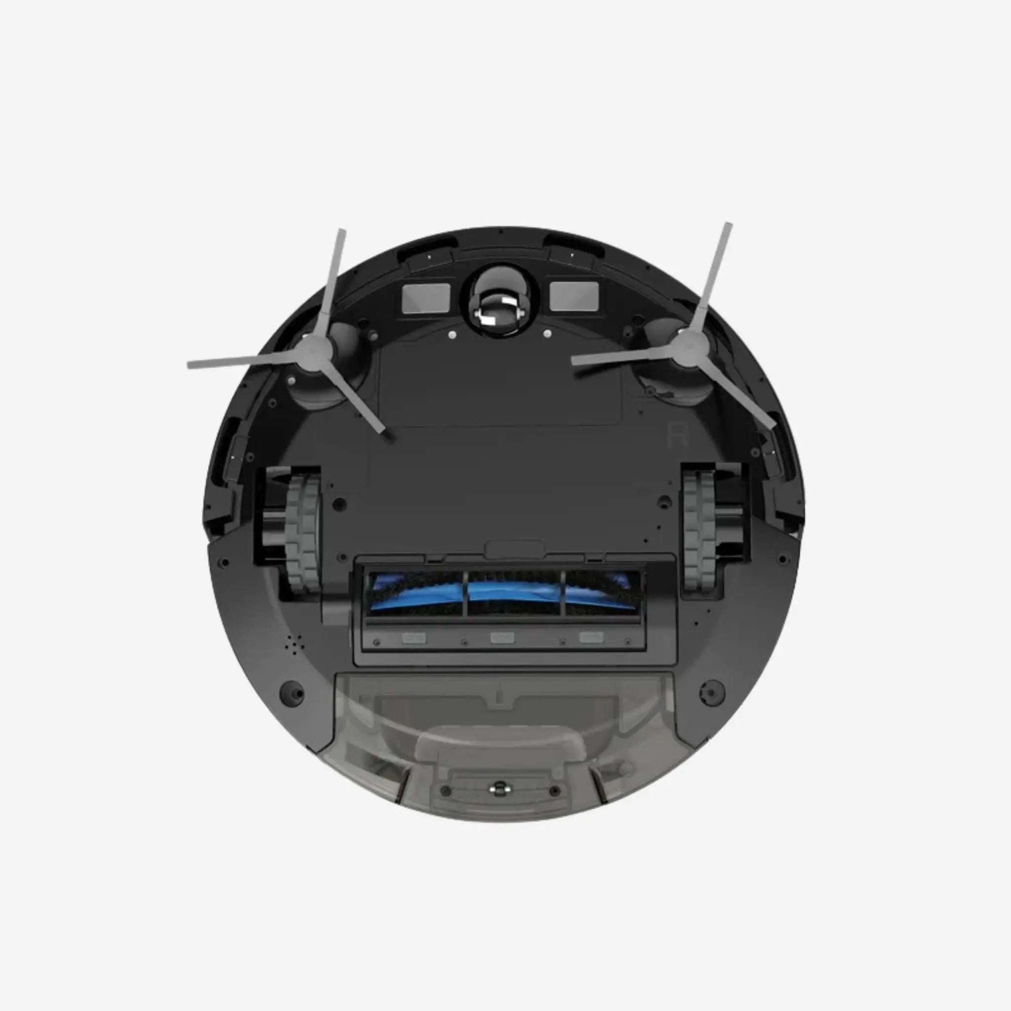 Undersida av robotdammsugare X6 med huvudborste, sidoborstar och drivhjul.