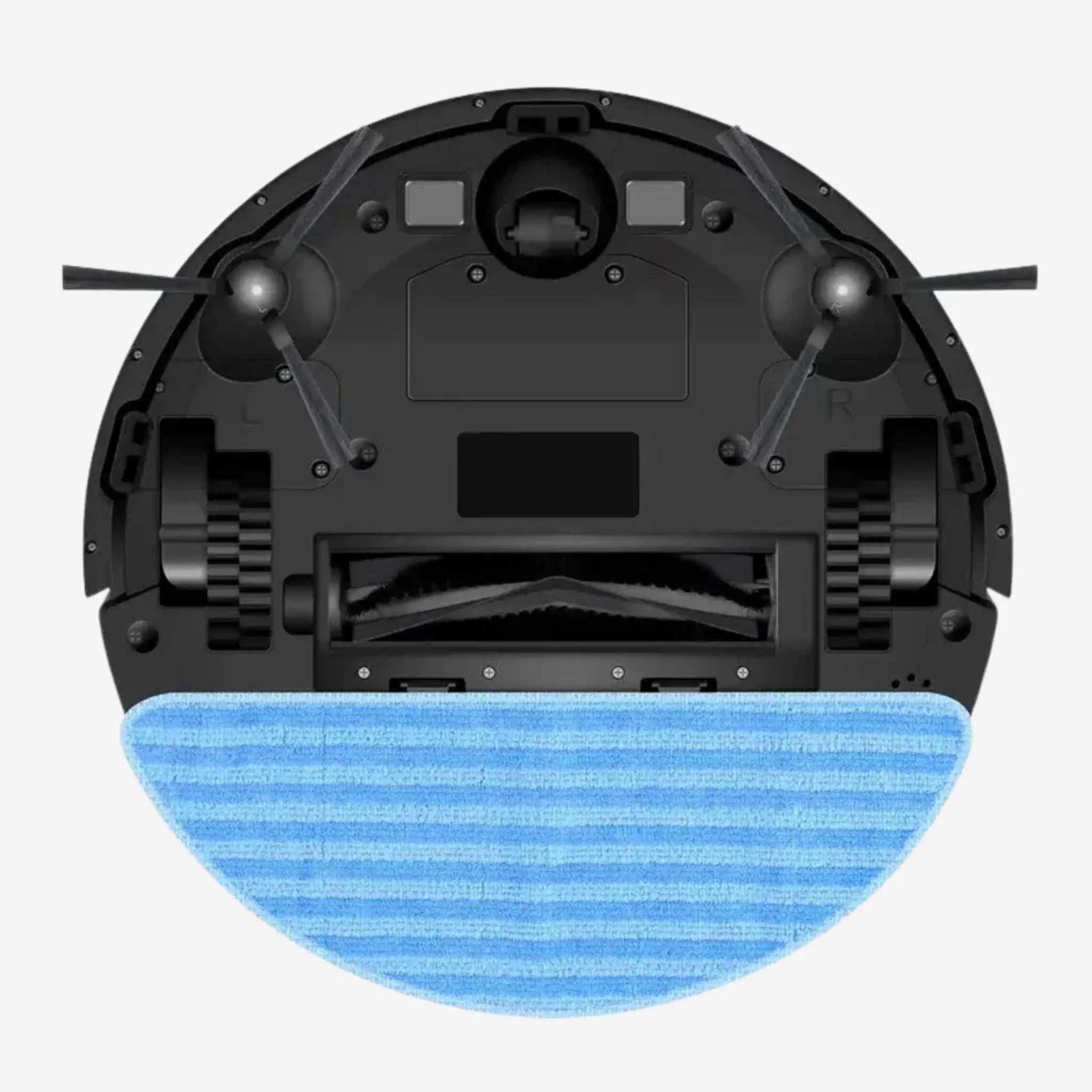 Undersida av robotdammsugare XR500 som visar sidoborstar, huvudborste och mopp för effektiv golvrengöring.