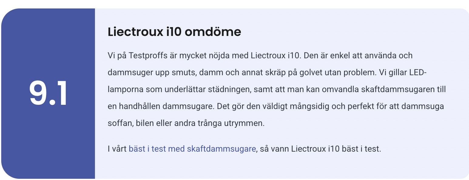 Testproffs omdöme av skaftdammsugare Liectroux i10 med betyg 9,1 av 10 och utmärkelsen bäst i test